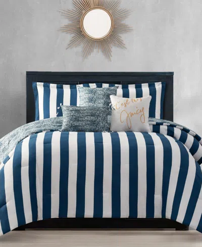 Juicy Couture Cabana Stripe Reversible 5-piece Comforter Set, Twin/twin Xl In White,regal Blue