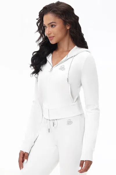 Juicy Couture Custom Initial Og Big Bling Velour Hoodie In White
