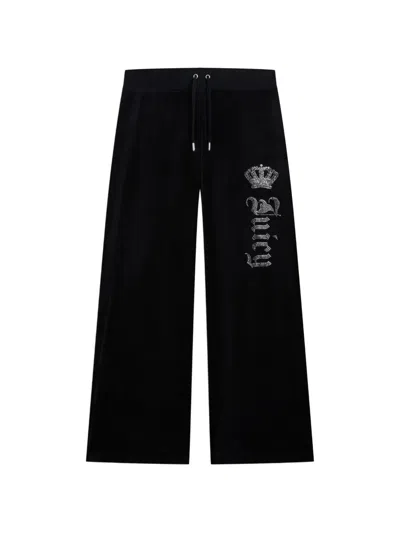 Juicy Couture Diamanté Crown Velour Track Pants In Black