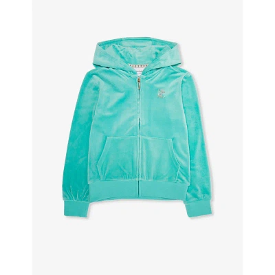 Juicy Couture Kids' Diamante-embellished Zip-up Stretch-velour Hoody 7-16 Years In Turquoise