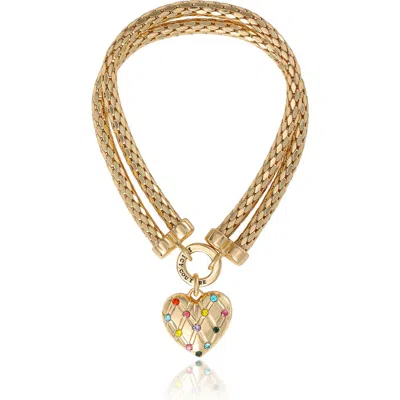 Juicy Couture Double Chain Heart Padlock Necklace, Gold-tone With Rainbow Crystals In Gray