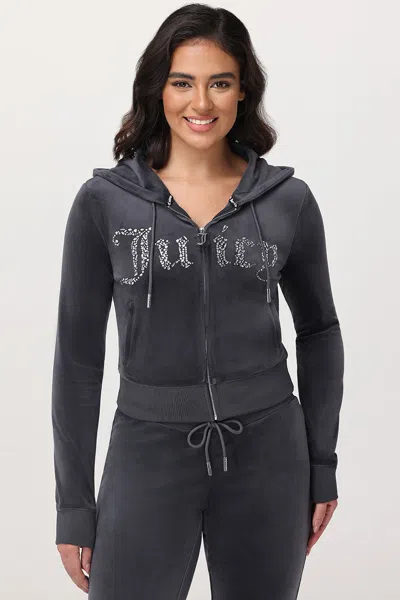 Juicy Couture Front Mixed Crystals Velour Hoodie In Black