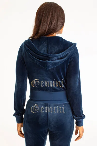 Juicy Couture Gemini Customizable Big Bling Velour Hoodie In Blue