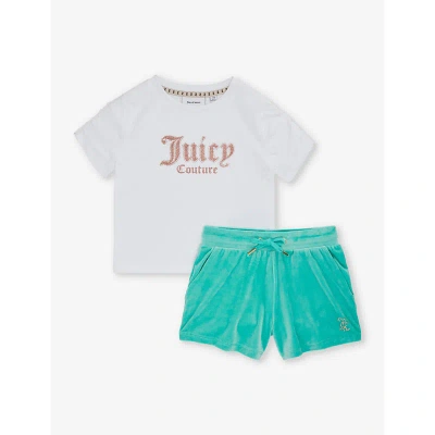 Juicy Couture Girls Bright White Kids Rhinestone-embellished Two-piece Cotton-jersey Set 7-16 Years