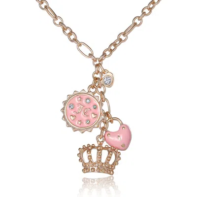 Juicy Couture Gold-tone Layered Charm Necklace With Pink Enamel Accents In Red