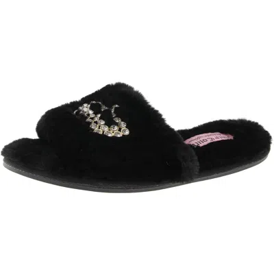 Juicy Couture Gwenno Womens Embellished Faux Fur Slide Sandals In Black