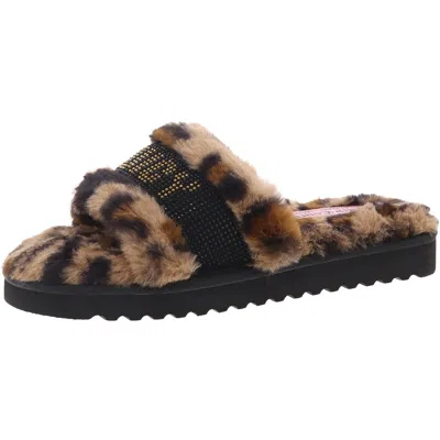 Juicy Couture Halo Womens Embellished Faux Fur Slide Slippers In Leopard