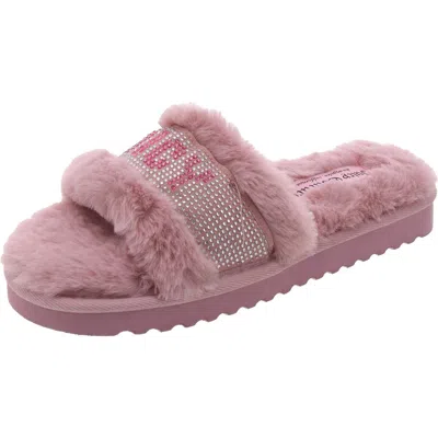 Juicy Couture Halo Womens Embellished Faux Fur Slide Slippers In Pink