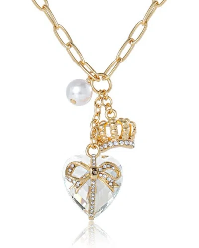 Juicy Couture Heart, Crown, Pearl Charm Cluster Necklace, Gold-tone