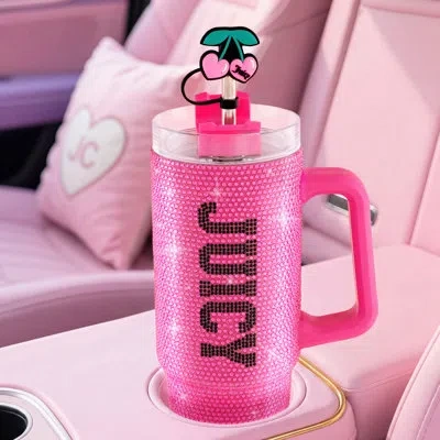 Juicy Couture Jc Blingsip  Rhinestone Stainless Steel Tumbler With Handle And Straw With Topper In Pink