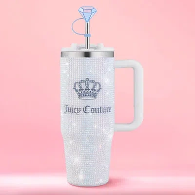 Juicy Couture Jc Diamond Bling Stainless Steel Tumbler With Handle And Straw With Topper 30 oz In White