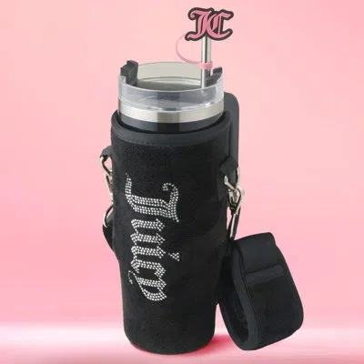 Juicy Couture Jc Jetsetter With Velour Crossbody Pouch 30 oz Tumbler With Handle, Straw & Topper In Black
