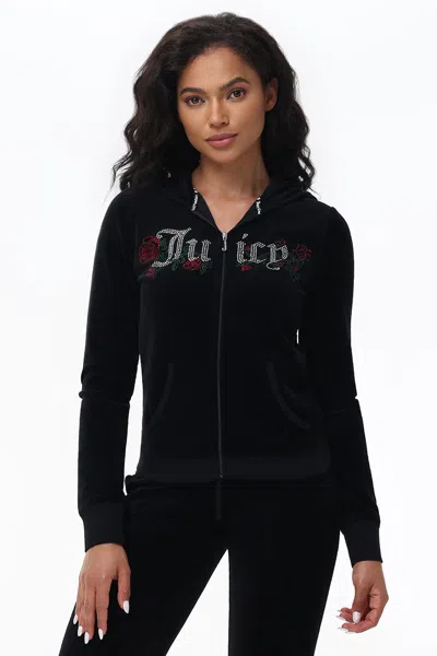 Juicy Couture Juicy Roses Bling Cotton Velour Hoodie In Black