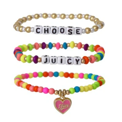 Juicy Couture Kids Beaded Stretch Bracelet Set In Pink/white/gold