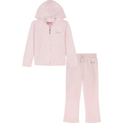 Juicy Couture Kids' Crystal Embellished Velour Zip-up Hoodie & Joggers Set In Pink