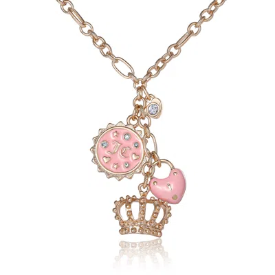 Juicy Couture Gold-tone Layered Charm Necklace With Pink Enamel Accents