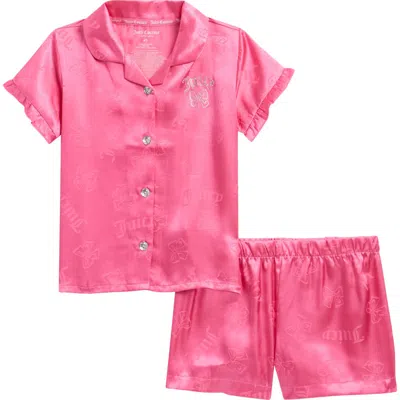 Juicy Couture Kids'  Logo Jacquard Two-piece Satin Short Pajamas In Pink