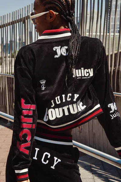 Juicy Couture Mixed Logo Cotton Velour Bomber Jacket In Black