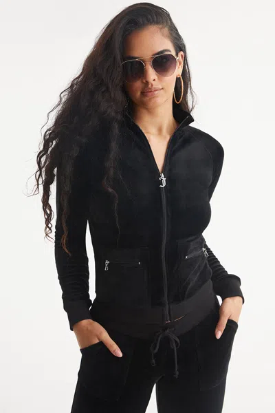 Juicy Couture Mockneck Velour Cargo Track Jacket In Black