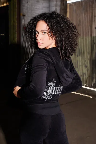 Juicy Couture Monogram Heritage Cotton Velour Hoodie In Black