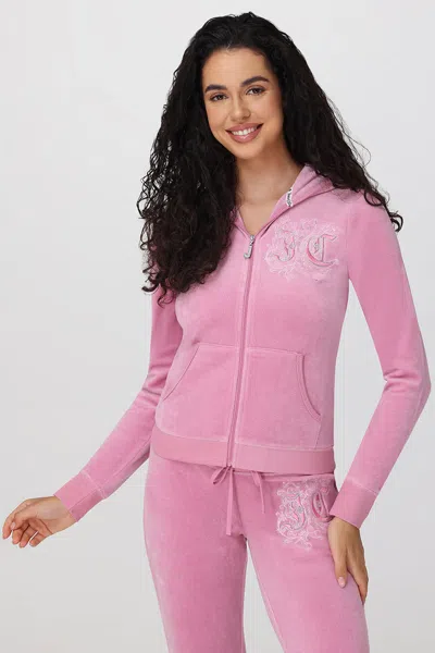 Juicy Couture Monogram Heritage Cotton Velour Hoodie In Pink