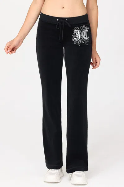 Juicy Couture Monogram Heritage Cotton Velour Track Pants In Black