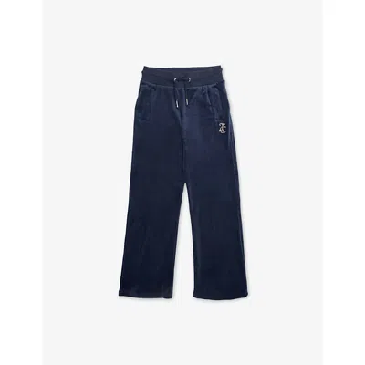 Juicy Couture Kids' Night Sky Logo-embellished Straight-leg Stretch-velour Jogging Bottoms 7 In Blue