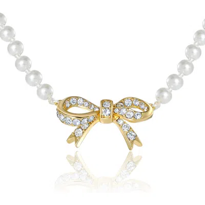 Juicy Couture Pearl Necklace With Pavé Bow, Gold-tone Accents In White