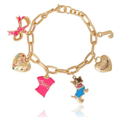 Juicy Couture Pink And Gold Charm Bracelet With Bow, Dog, And Heart, 7.5''