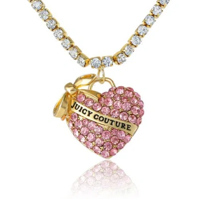 Juicy Couture Pink Pavé Heart Pendant Necklace, Gold-tone In Pink/clear