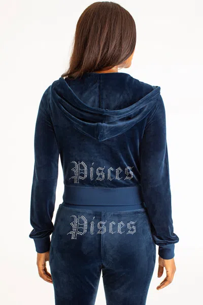 Juicy Couture Pisces Customizable Big Bling Velour Hoodie In Blue