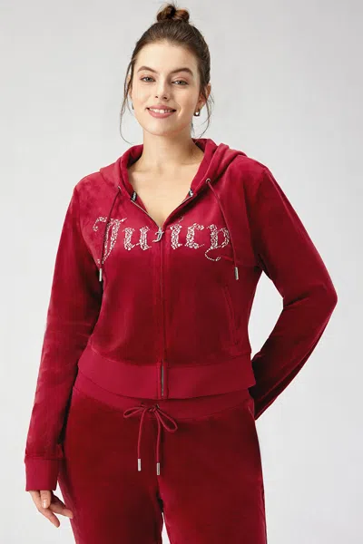 Juicy Couture Plus-size Front Mixed Crystals Velour Hoodie In Red