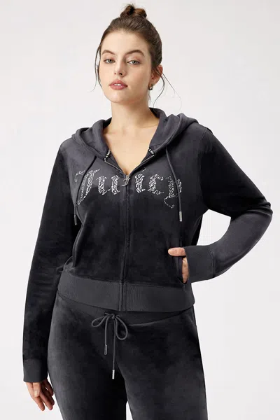 Juicy Couture Plus-size Front Mixed Crystals Velour Hoodie In Black