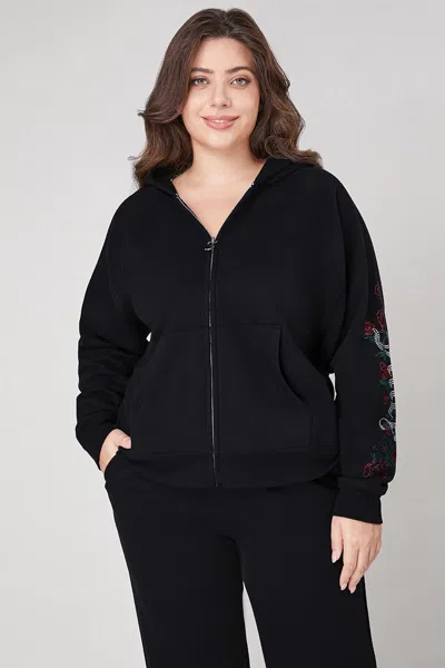 Juicy Couture Plus-size Roses Oversized Zip Front Hoodie In Black