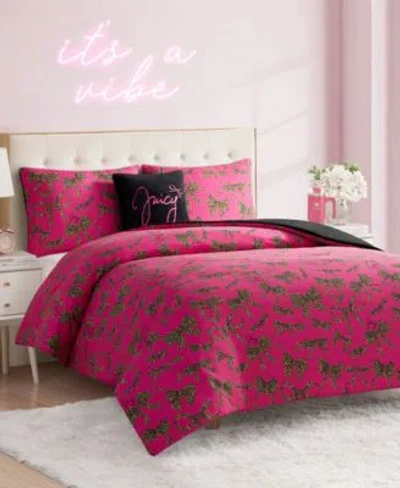 Juicy Couture Plush Reversible Cheetah Bows Comforter Set In Multi
