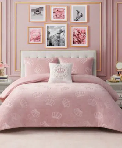 Juicy Couture Plush Reversible Embossed Crown Comforter Set In Pink