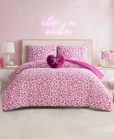 Juicy Couture Plush Reversible Leopard Hearts Comforter Sets In Pink