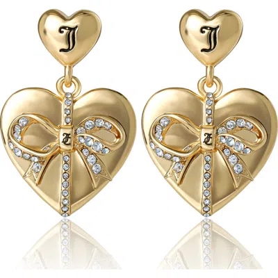 Juicy Couture Quilted Double-heart Drop Earrings, Gold-tone With Crystal Accents