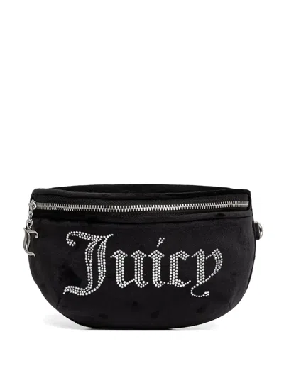Juicy Couture Rhinestone-logo Velvet Belt Bag In Black
