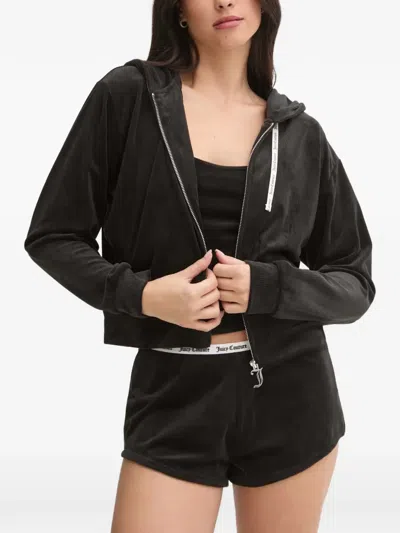 Juicy Couture Ribbed-knit Logo-pendant Hoodie In Black