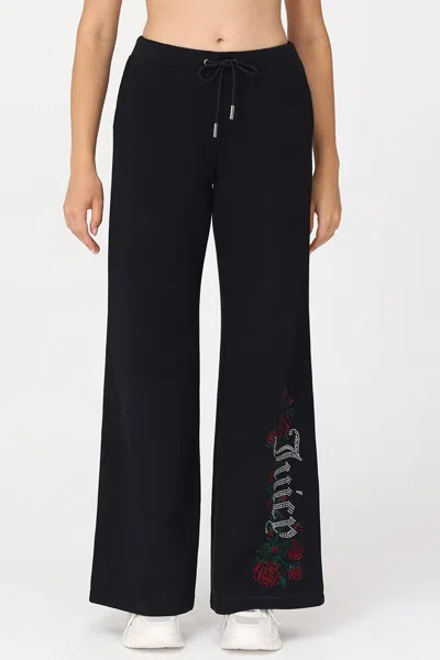 Juicy Couture Roses Wide Leg Track Pants In Black
