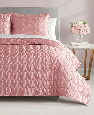 Juicy Couture Satin Heart Stitched 3 Pc. Quilt Set, King In Rose Gold