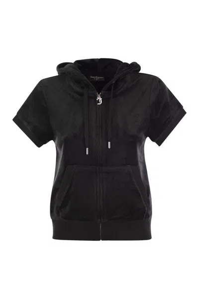 Juicy Couture Short-sleeved Velvet Hoodie In Black