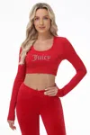 Juicy Couture Small Bling Knit Cropped Long Sleeve Baby Tee In Red