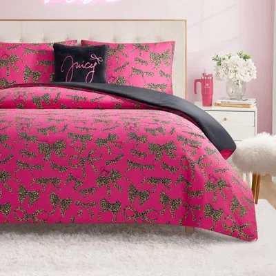 Juicy Couture Solid Plush Reversible Cheetah Bows Comforter Sets In Black,hot Pink