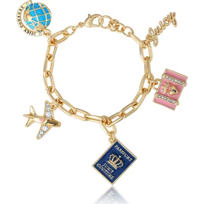 Juicy Couture Travel Icons Charm Bracelet, Gold-tone With Blue & Pink Enamel