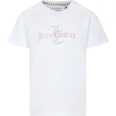 JUICY COUTURE WHITE T-SHIRT FOR GIRL WITH LOGO AND STRASS
