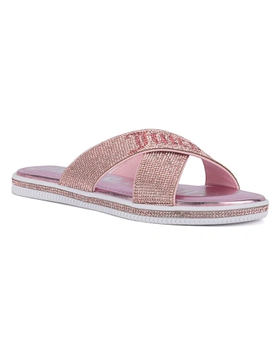 JUICY COUTURE WOMEN'S YORRI SLIP ON SPARKLY CROSS-BAND FLAT SANDALS