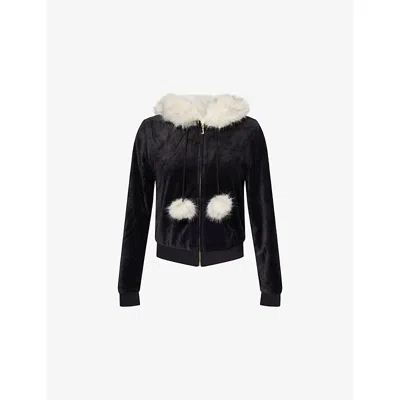 Juicy Couture Womens Black Velour Fax-fur-trims Woven Hoodie