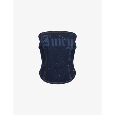Juicy Couture Womens  Crystal-embellished Bandeau Denim Corset Top In Blue